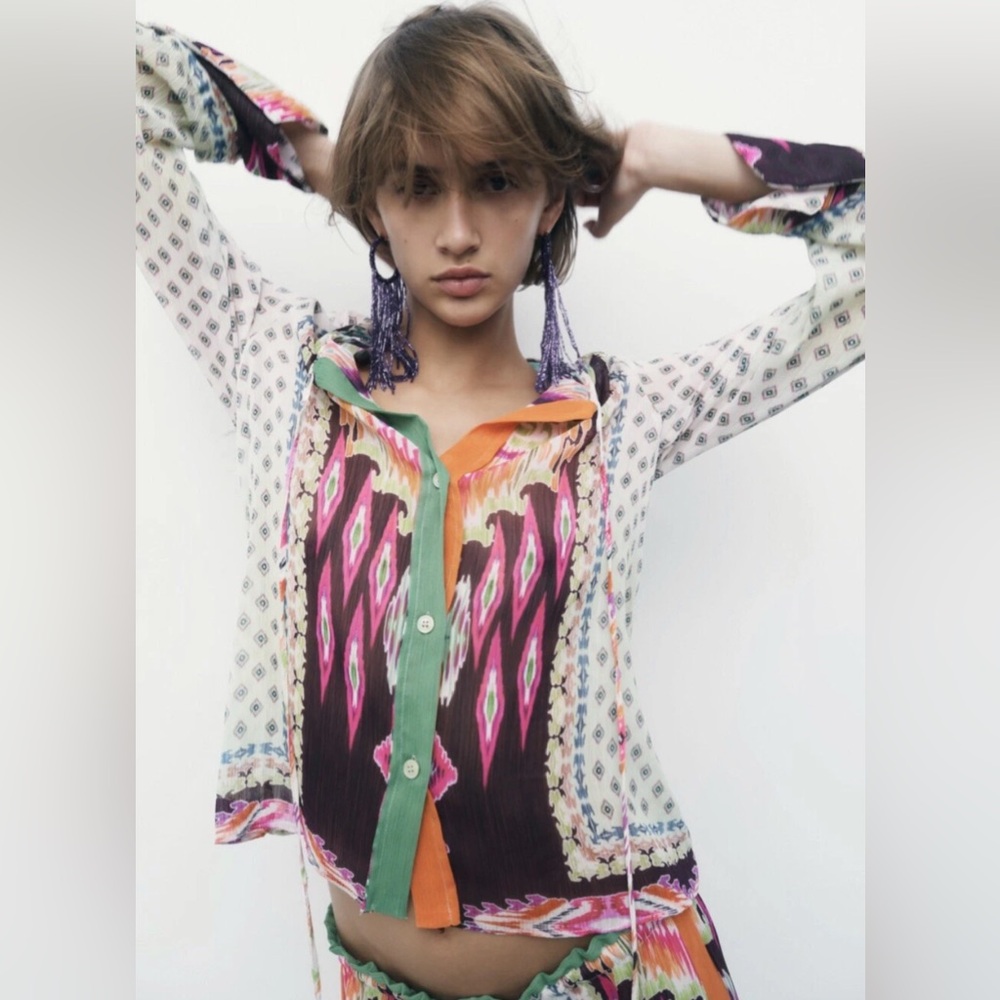 Zara feather trim printed blouse Size XS